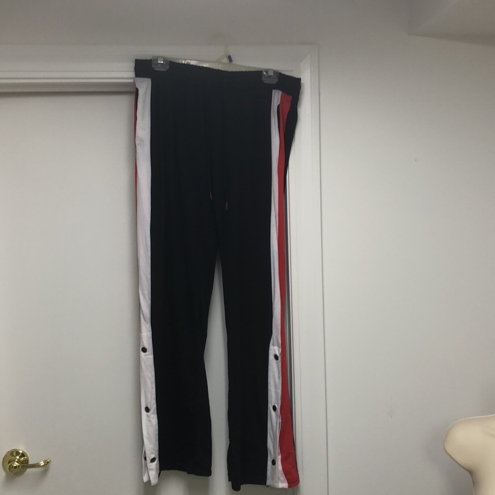 Hot kiss, soft, joggers, red, white, and black with snap side legs & pockets
